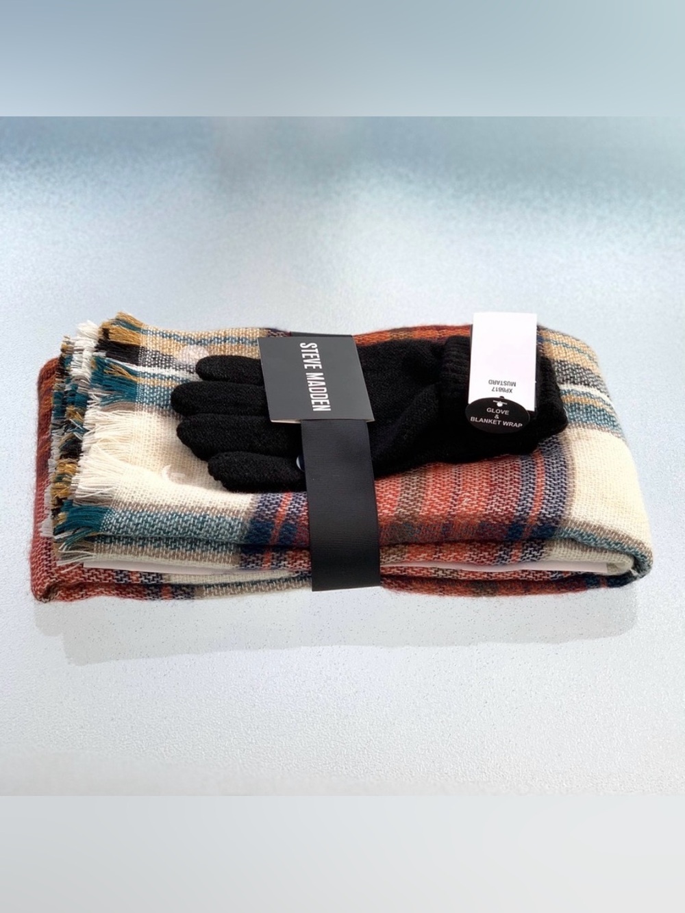 Steve Madden Black Knit Touchscreen Gloves and Red Plaid Blanket Scarf Gift Set - Picture 3 of 4